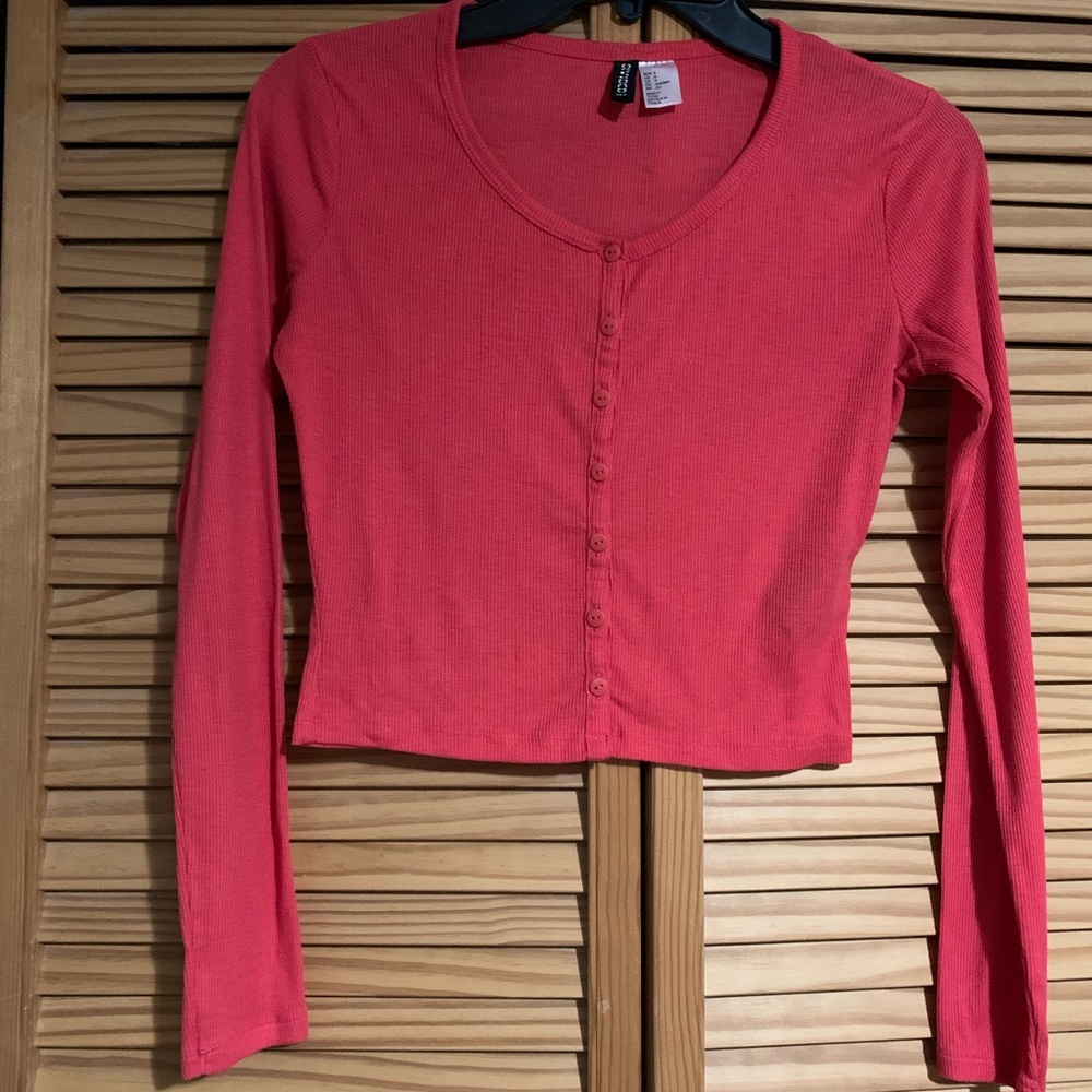 Pink Button-Up Long Sleeve Cropped Sweater